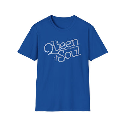 Royal blue t-shirt with white text "The Queen of Soul Aretha Franklin".