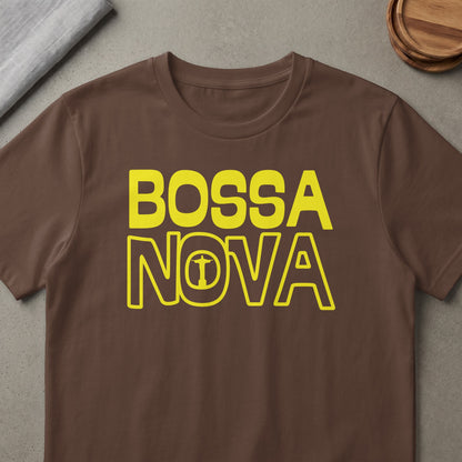 Brown t-shirt with yellow "BOSSA NOVA" text and Christ the Redeemer icon.