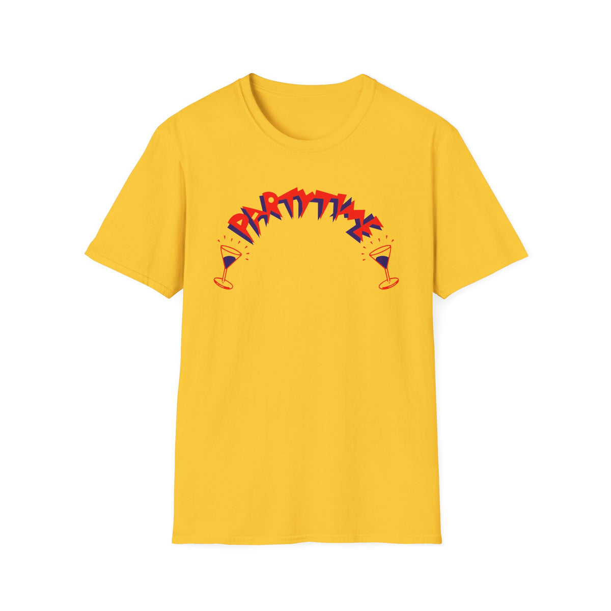 Yellow t-shirt with red and blue "PARTY TIME" text and two martini glasses.