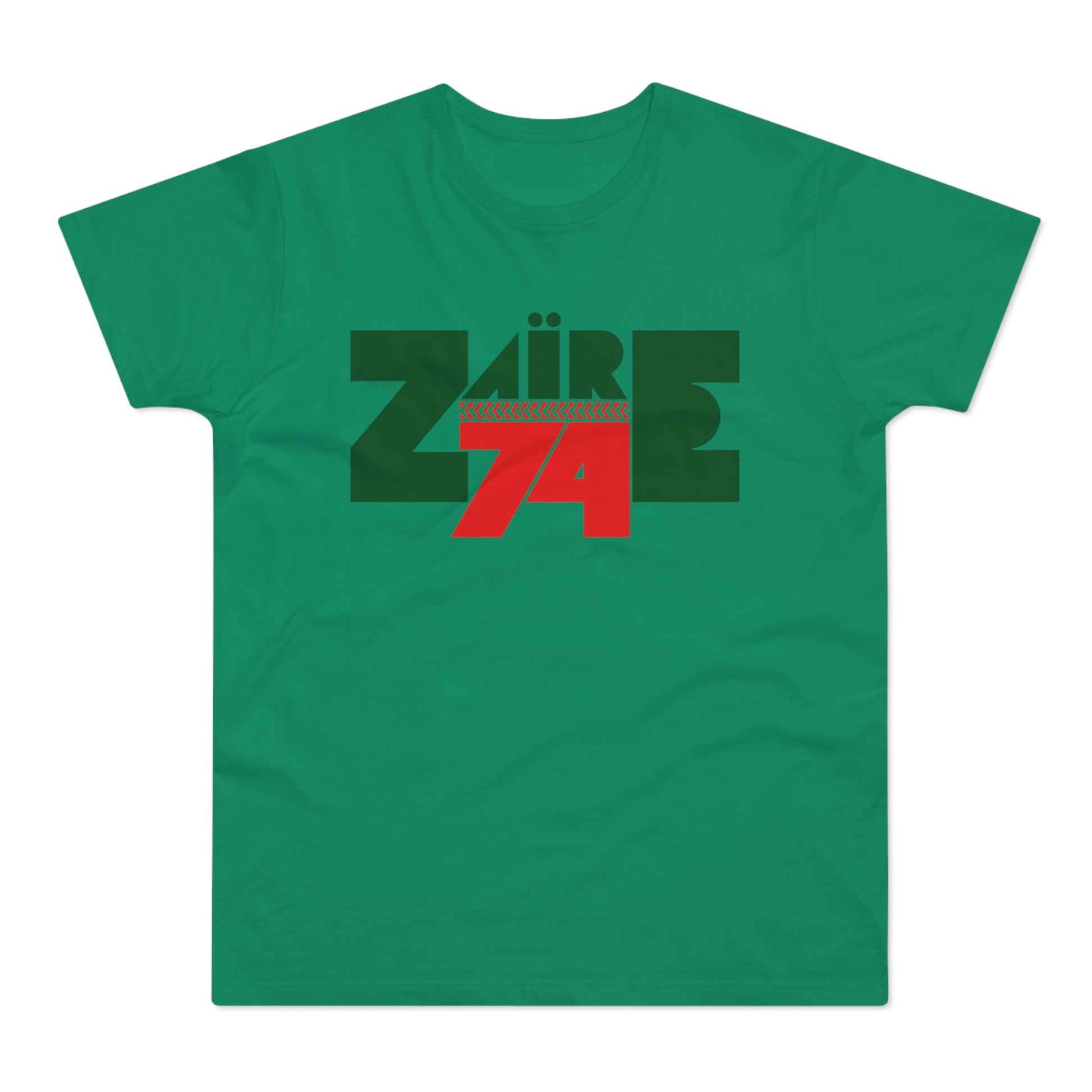 Green t-shirt with dark green and red "ZAIRE 74" graphic design.