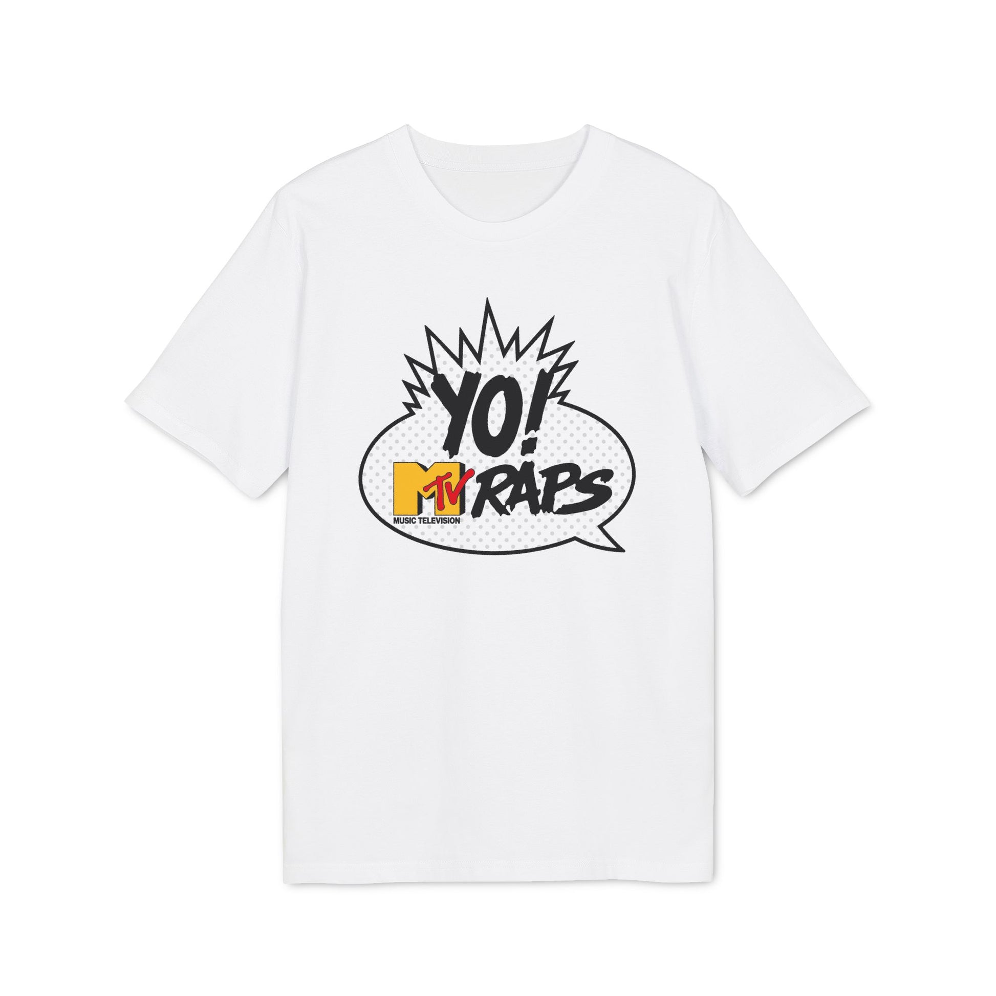 White t-shirt with a black and yellow "YO! MTV RAPS" logo inside a speech bubble.