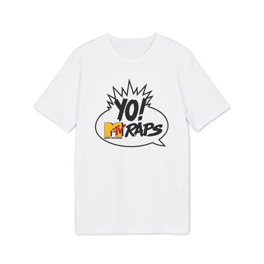 White t-shirt with a black and yellow "YO! MTV RAPS" logo inside a speech bubble.