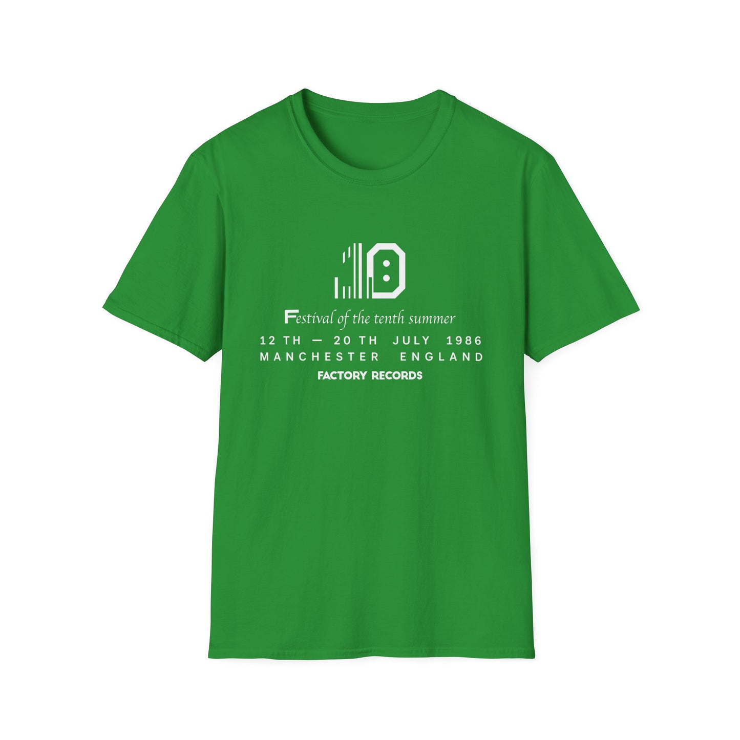 Green t-shirt with "Festival of the tenth summer" graphics and text.