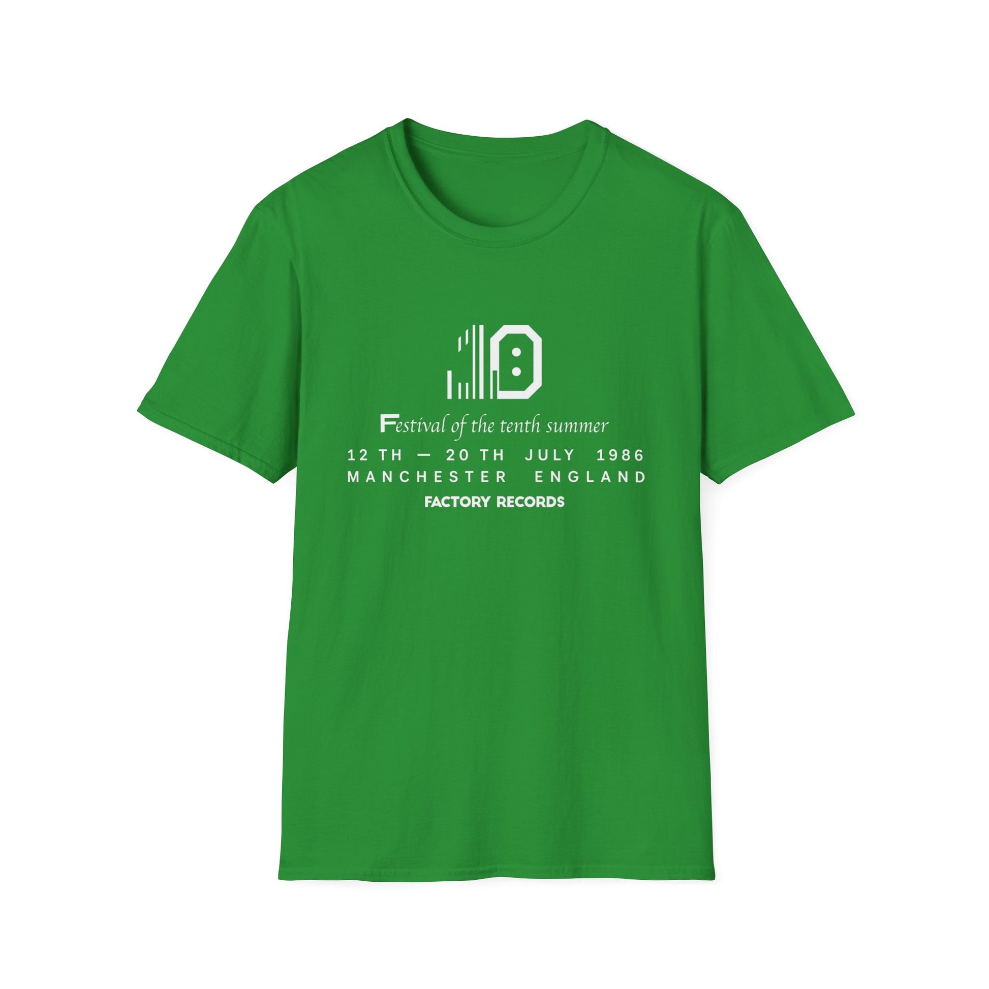 Green t-shirt with "Festival of the tenth summer" graphics and text.