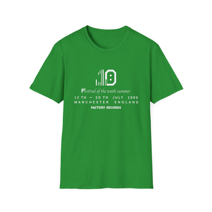 Green t-shirt with "Festival of the tenth summer" graphics and text.