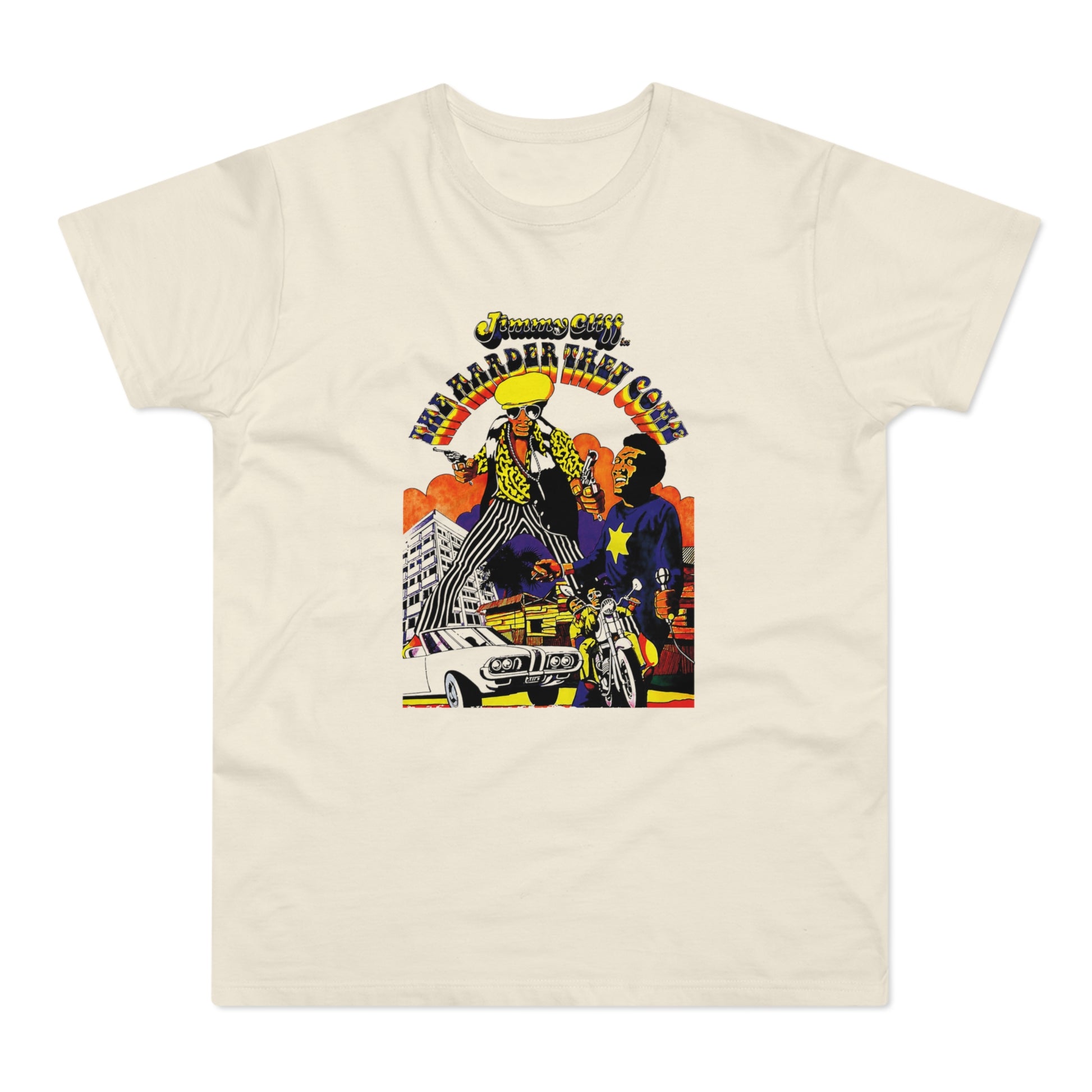 Jimmy Cliff's "The Harder They Come" graphic with two men, a car, and motorcycle.