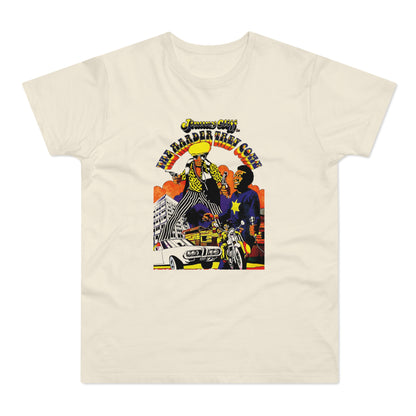 Jimmy Cliff's "The Harder They Come" graphic with two men, a car, and motorcycle.