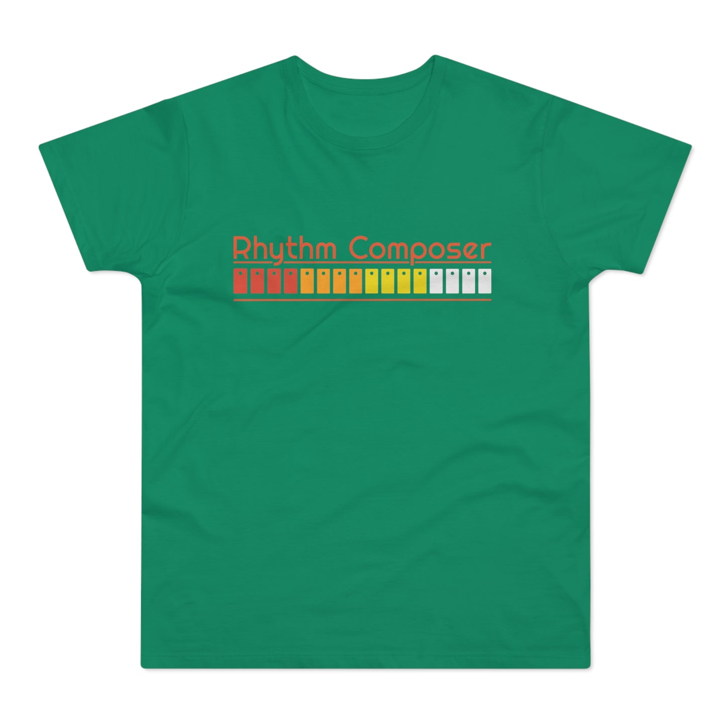 Green t-shirt with "Rhythm Composer" text and a colored equalizer graphic.
