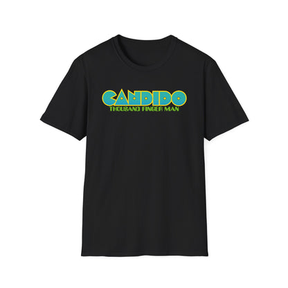 Black t-shirt with "CANDIDO THOUSAND FINGER MAN" text graphic.