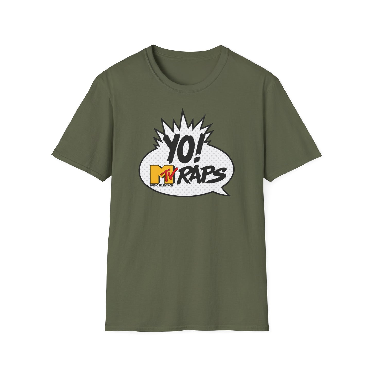 Olive green t-shirt with MTV Raps Yo! comic speech bubble logo.