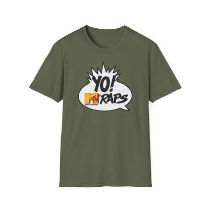 Olive green t-shirt with MTV Raps Yo! comic speech bubble logo.