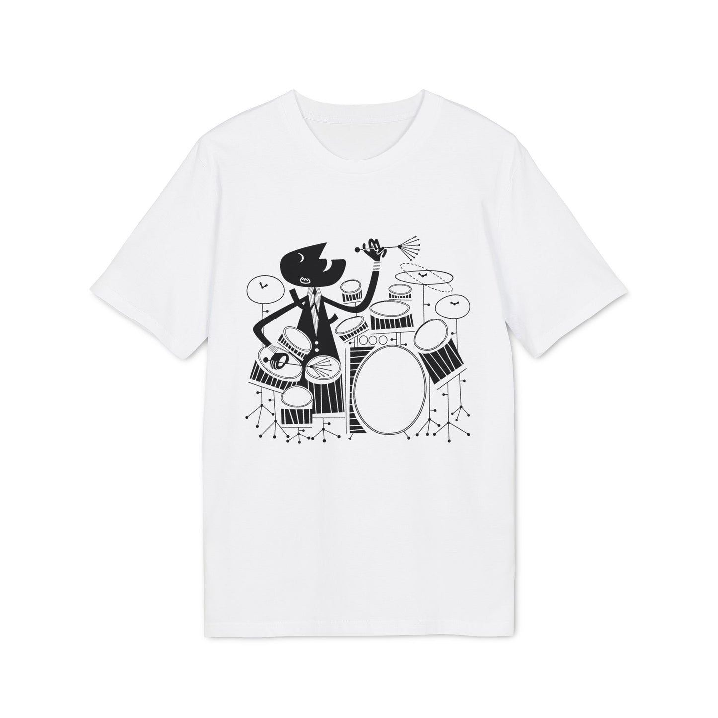 Black graphic illustration of a character playing drums on a white t-shirt.