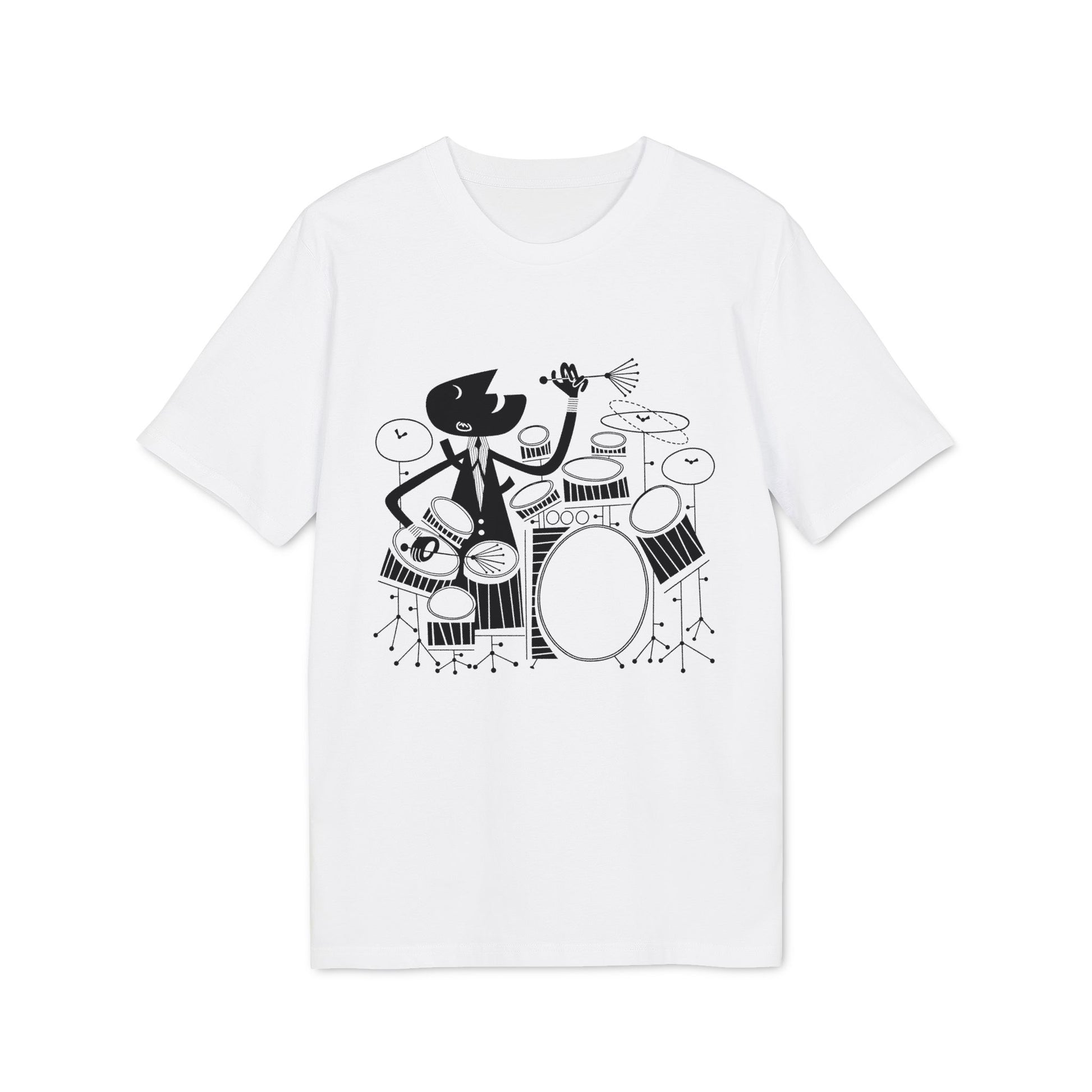 Black graphic illustration of a character playing drums on a white t-shirt.