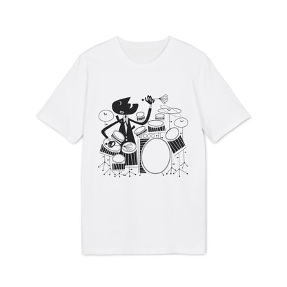 Black graphic illustration of a character playing drums on a white t-shirt.
