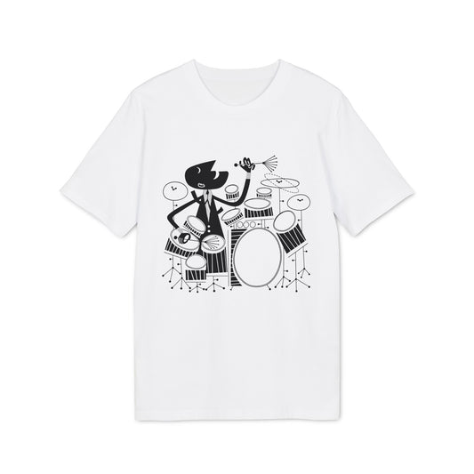 Black graphic illustration of a character playing drums on a white t-shirt.