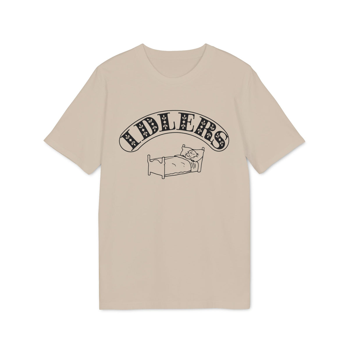 T-shirt with "FIDLERS" text above a cartoon of a person sleeping in bed.