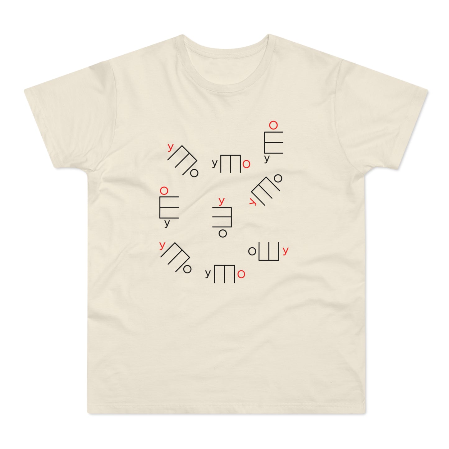 Cream t-shirt with a scattered print of abstract black and red symbols.
