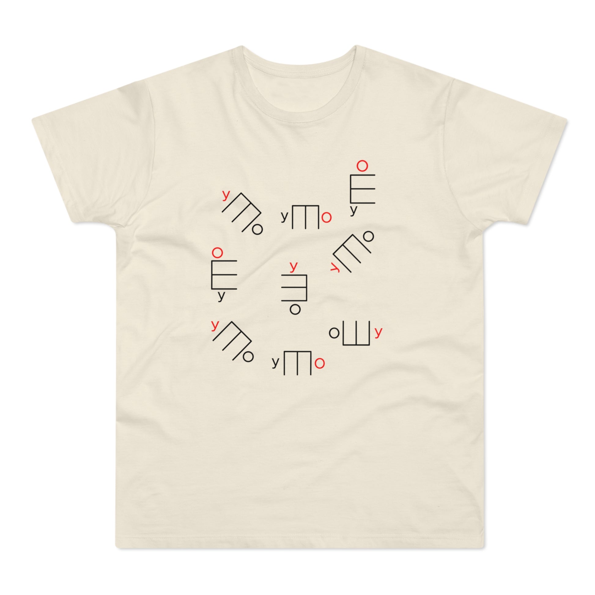 Cream t-shirt with a scattered print of abstract black and red symbols.
