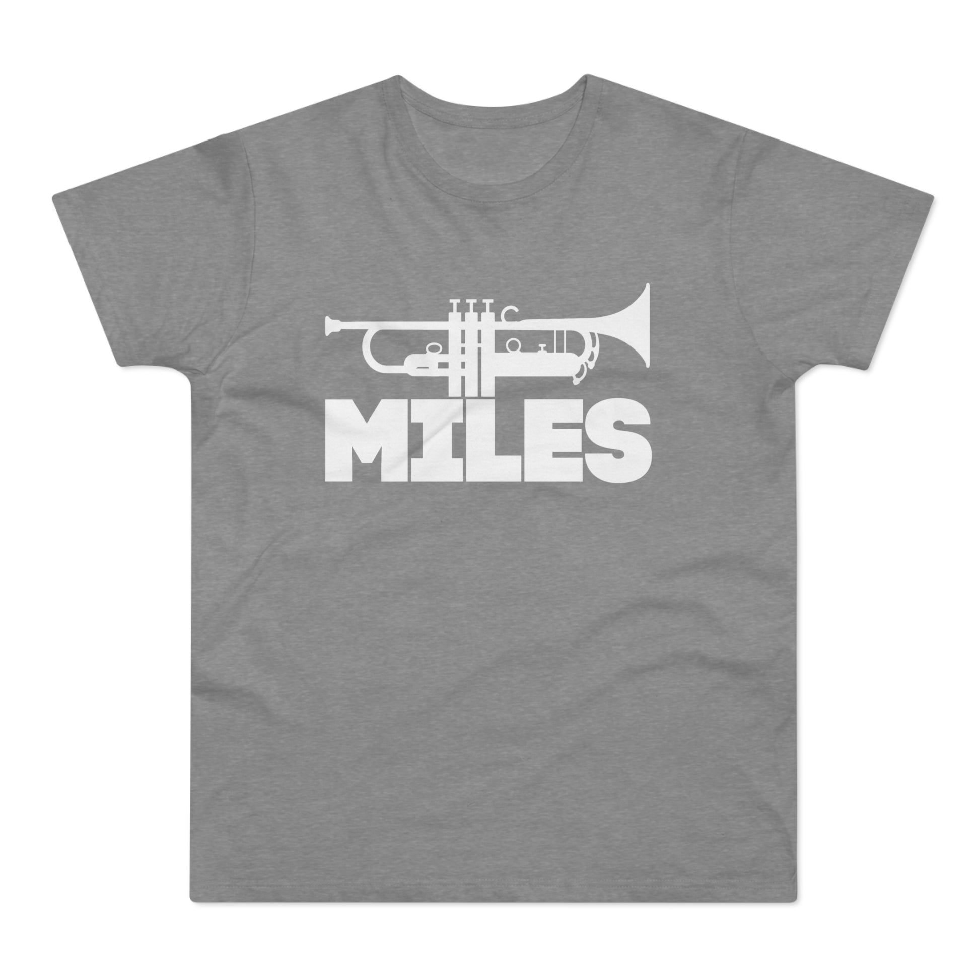 White trumpet graphic and "MILES" text on a grey t-shirt.