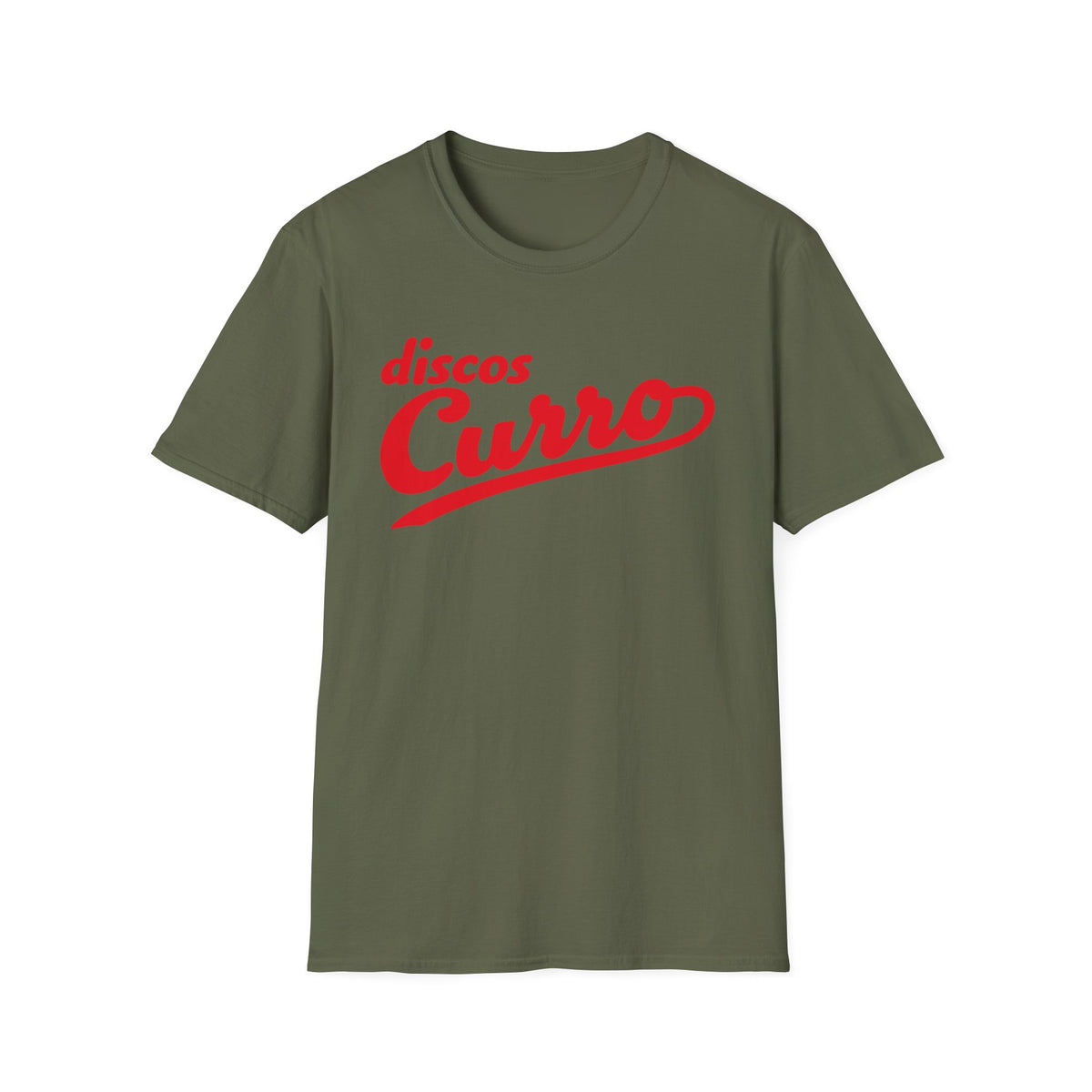 Olive green t-shirt with red "discos Curro" text graphic.