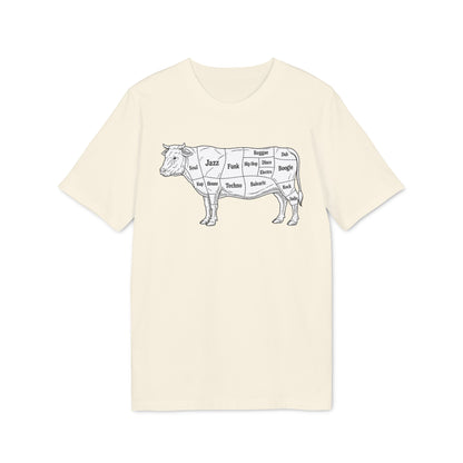 Line drawing of a cow with music genres labeling its cuts on a cream t-shirt.