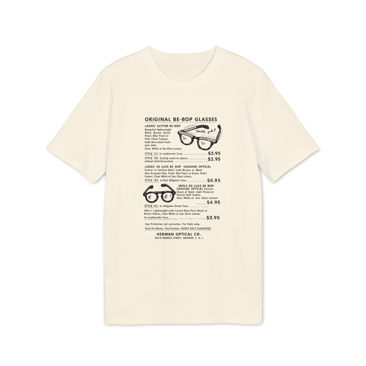T-shirt with text and illustrations of vintage glasses, "Original Be-Bop Glasses".