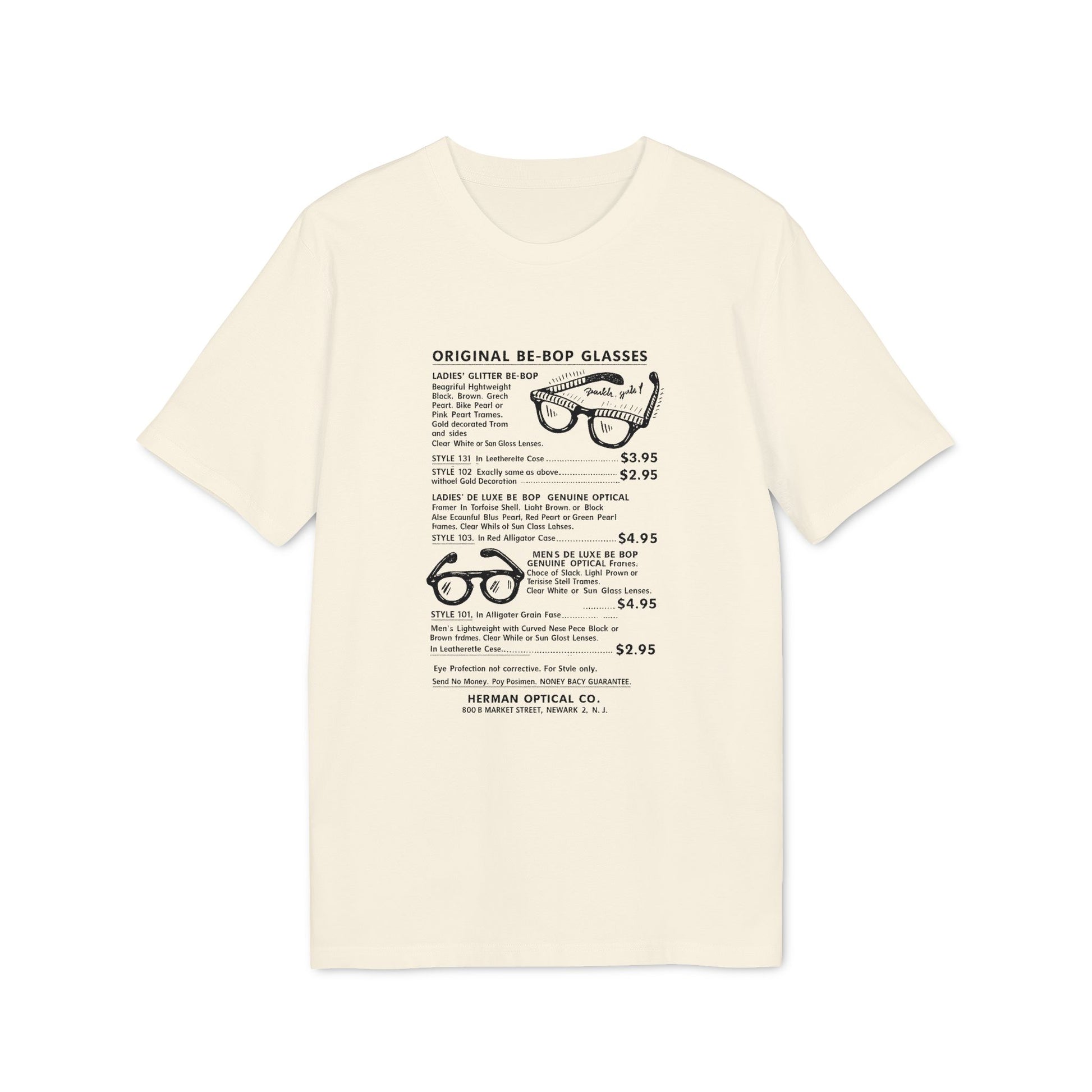 T-shirt with text and illustrations of vintage glasses, "Original Be-Bop Glasses".