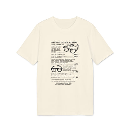 T-shirt with text and illustrations of vintage glasses, "Original Be-Bop Glasses".