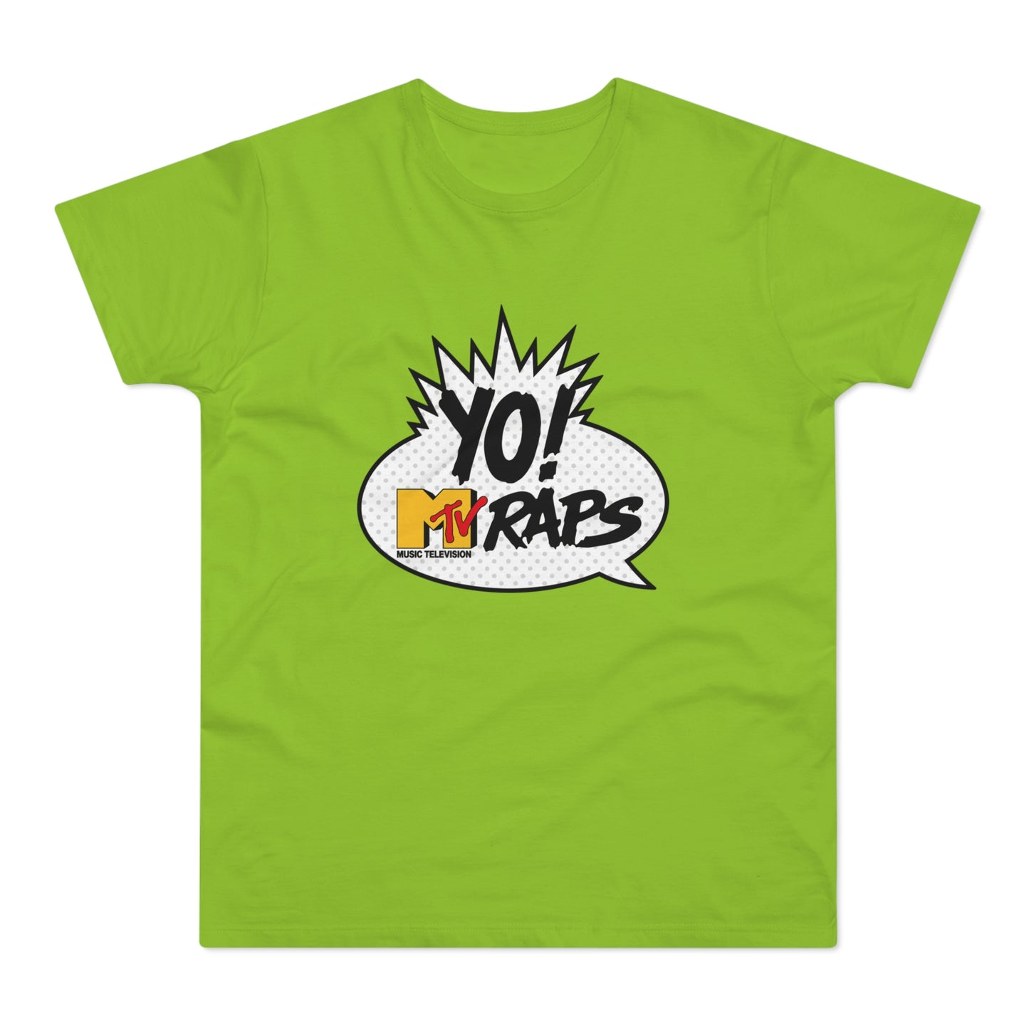 Green t-shirt with Yo! MTV Raps logo in a speech bubble.