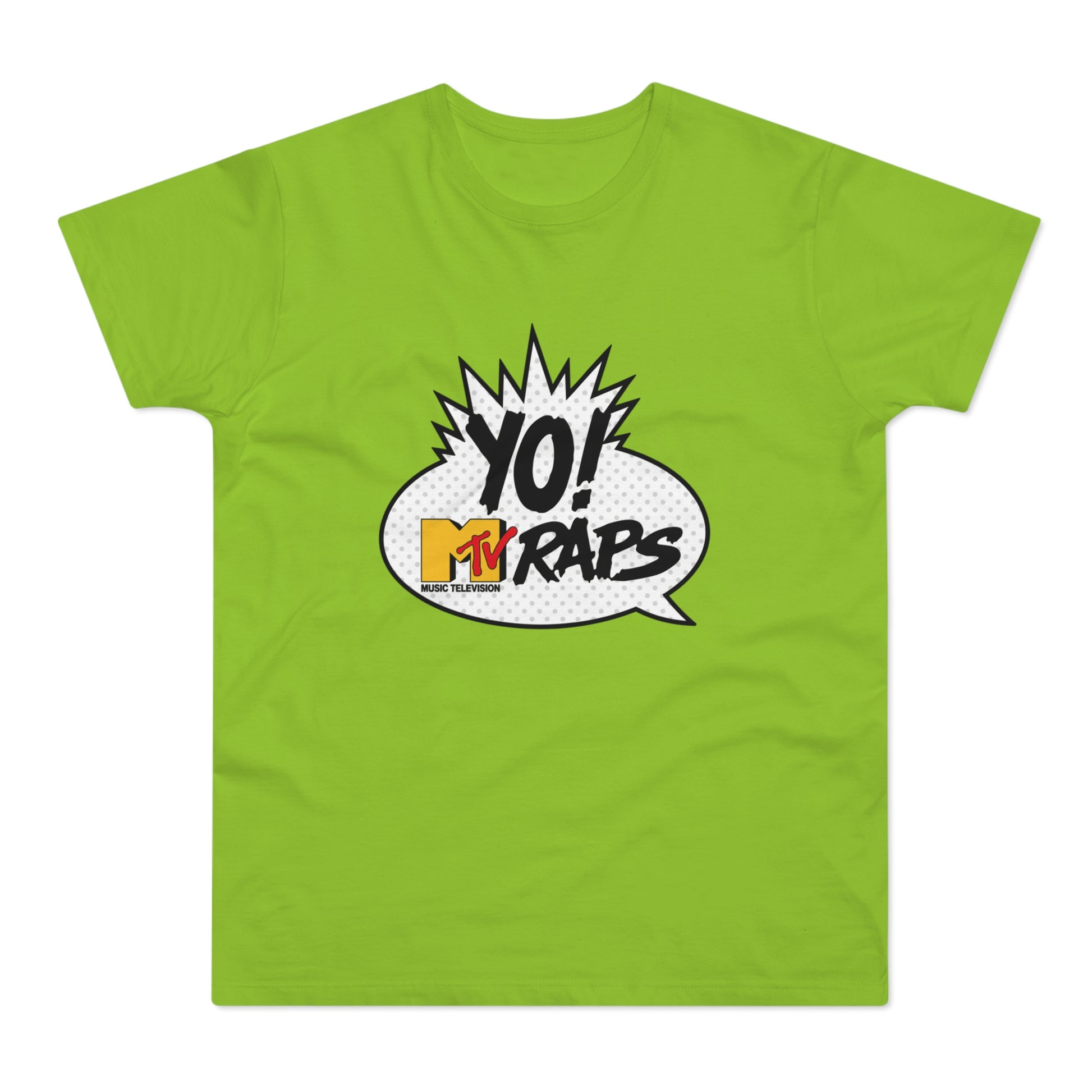 Green t-shirt with Yo! MTV Raps logo in a speech bubble.