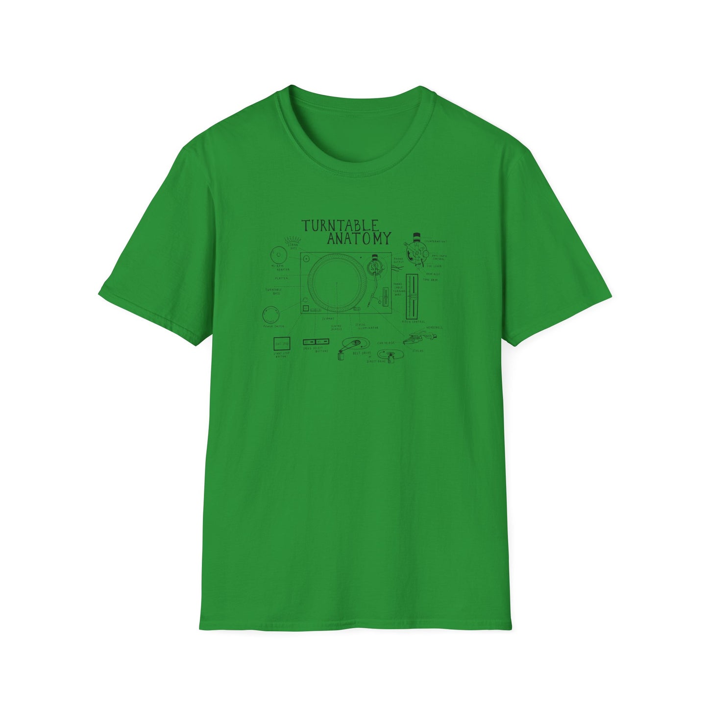 Green t-shirt with "Turntable Anatomy" diagram and labeled parts.
