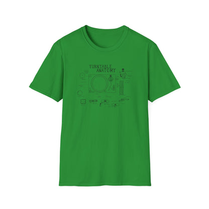 Green t-shirt with "Turntable Anatomy" diagram and labeled parts.