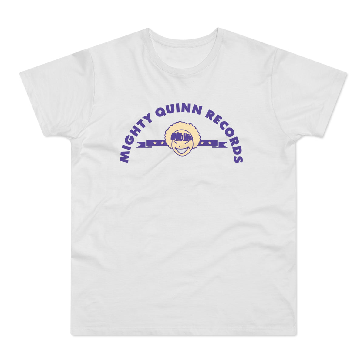 White t-shirt with purple "MIGHTY QUINN RECORDS" text and cartoon face logo.