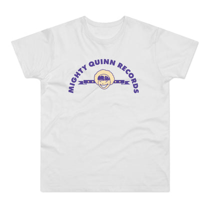 White t-shirt with purple "MIGHTY QUINN RECORDS" text and cartoon face logo.