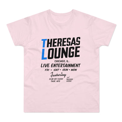 Pink t-shirt with "Theresas Lounge" logo and live entertainment details.