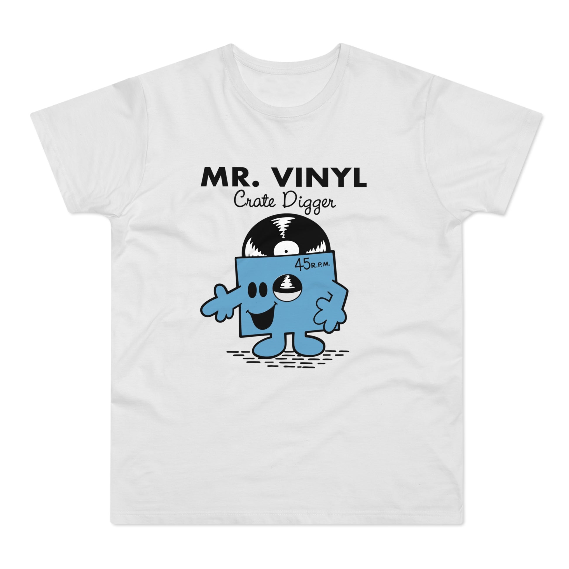 White t-shirt with "MR. VINYL Crate Digger" and blue record character.