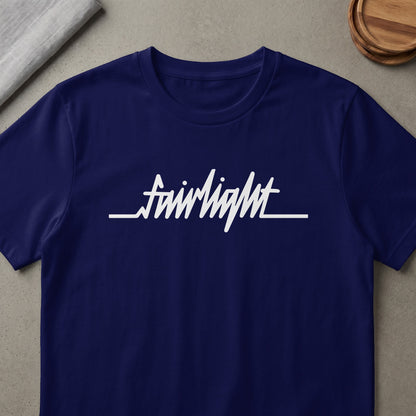 Navy t-shirt with white "fairlight" text and a heart monitor line.