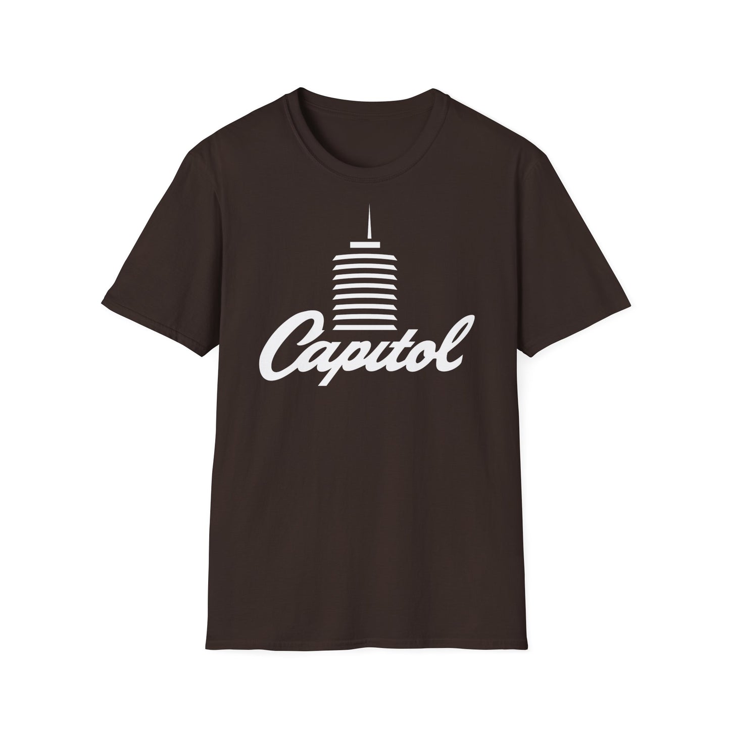 Brown t-shirt with white Capitol logo featuring a stylized building and script text.