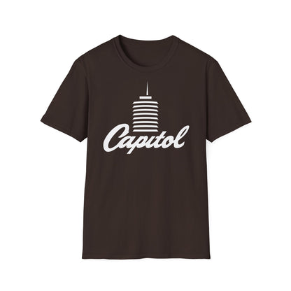 Brown t-shirt with white Capitol logo featuring a stylized building and script text.