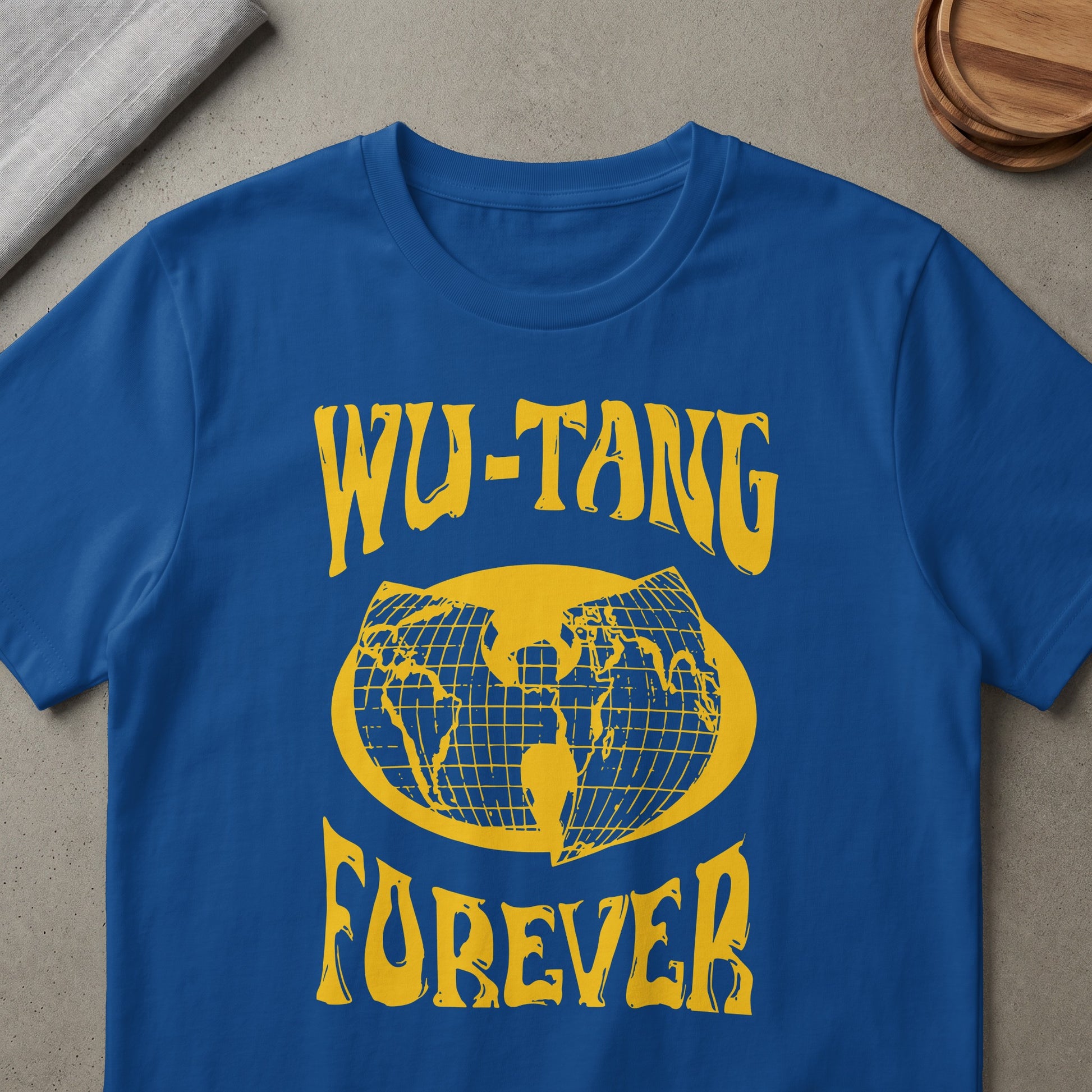 Blue t-shirt with "WU-TANG FOREVER" and a yellow globe logo.