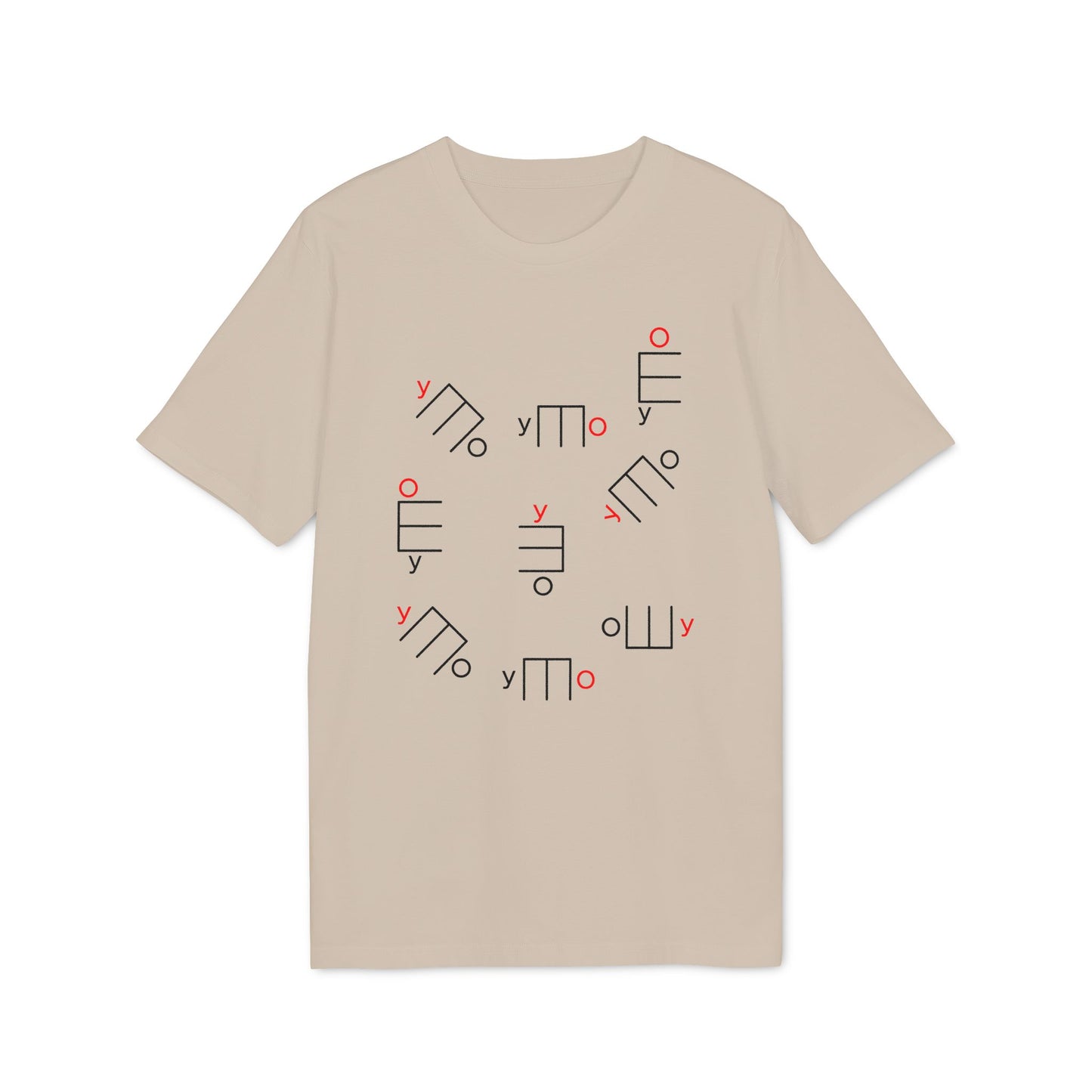 Light beige t-shirt with scattered black and red abstract geometric designs and text.