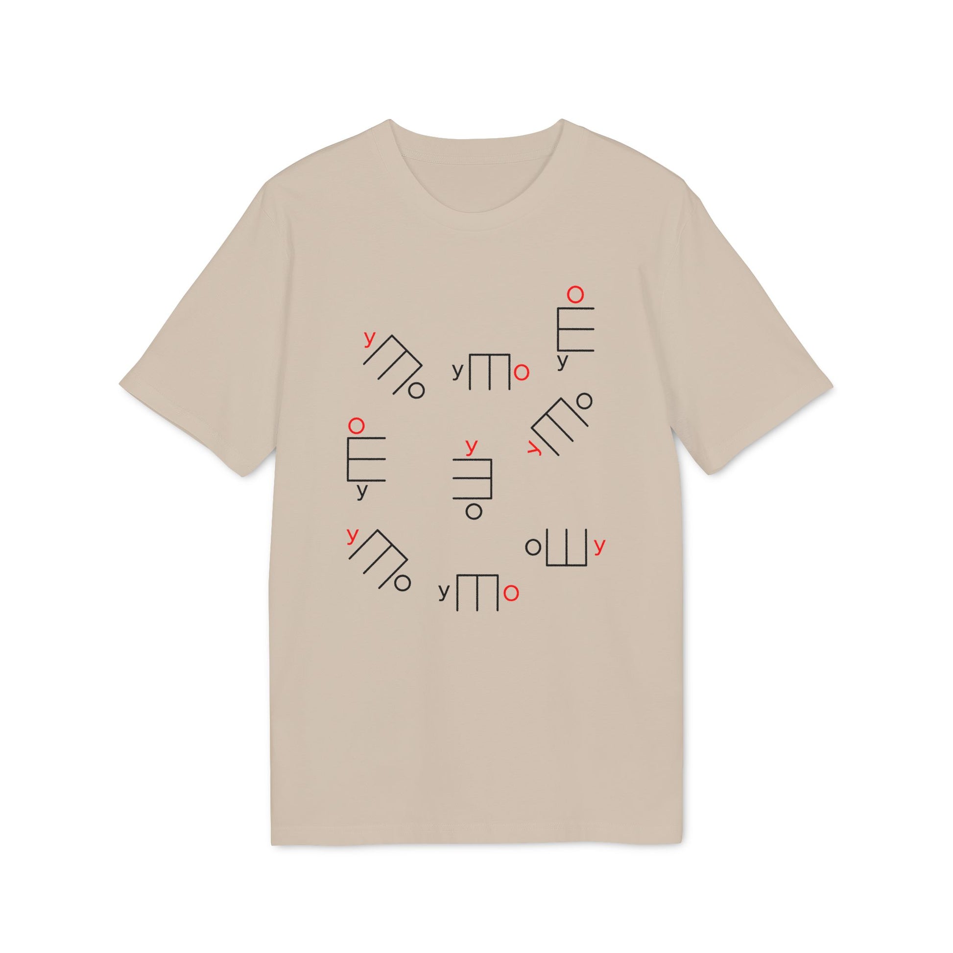 Light beige t-shirt with scattered black and red abstract geometric designs and text.