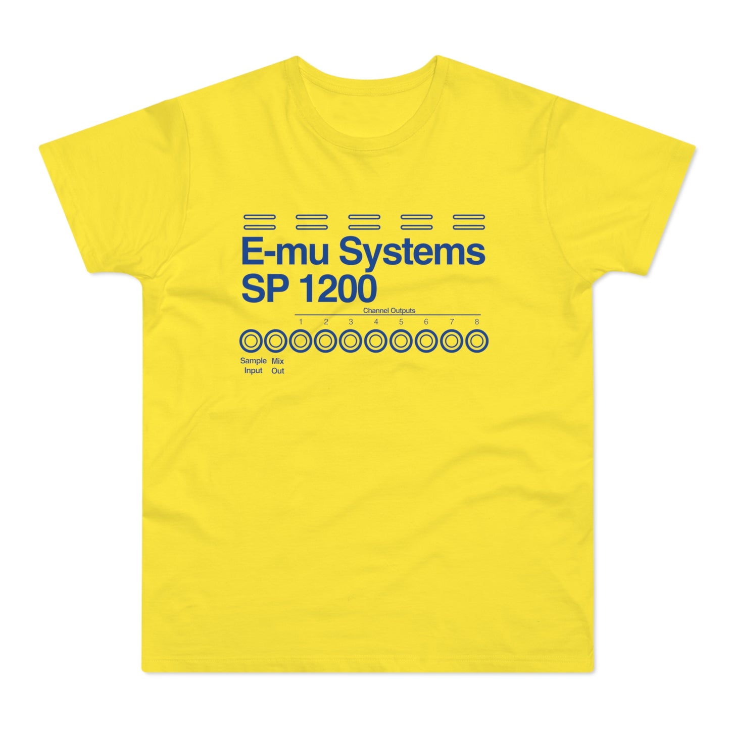 Yellow t-shirt with E-mu Systems SP 1200 text and channel outputs graphic.