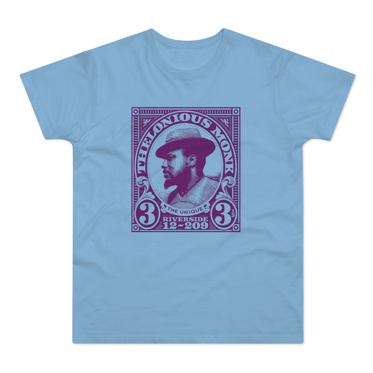 Light blue t-shirt with a purple Thelonious Monk stamp graphic.