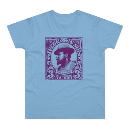 Light blue t-shirt with a purple Thelonious Monk stamp graphic.