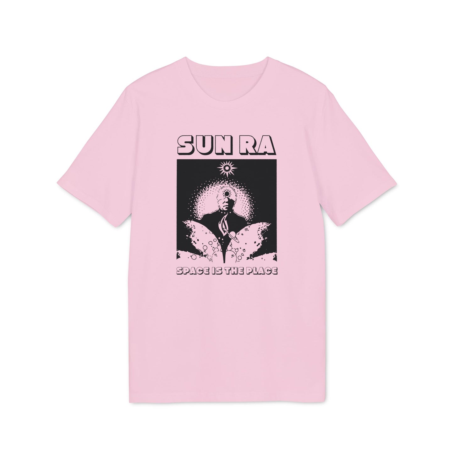 Pink t-shirt with black Sun Ra Space Is The Place graphic.