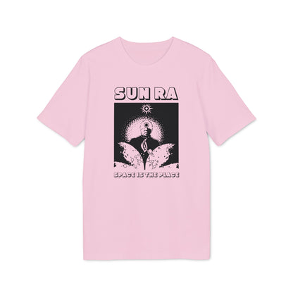 Pink t-shirt with black Sun Ra Space Is The Place graphic.