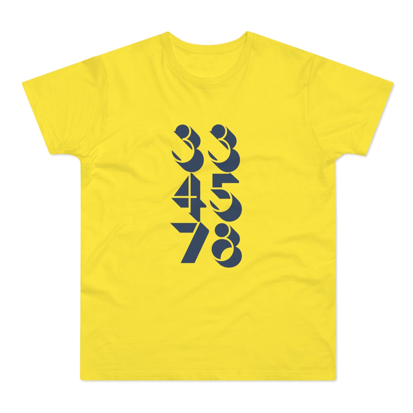 Yellow t-shirt with navy blue abstract numbers 33, 45, and 78 on the front.
