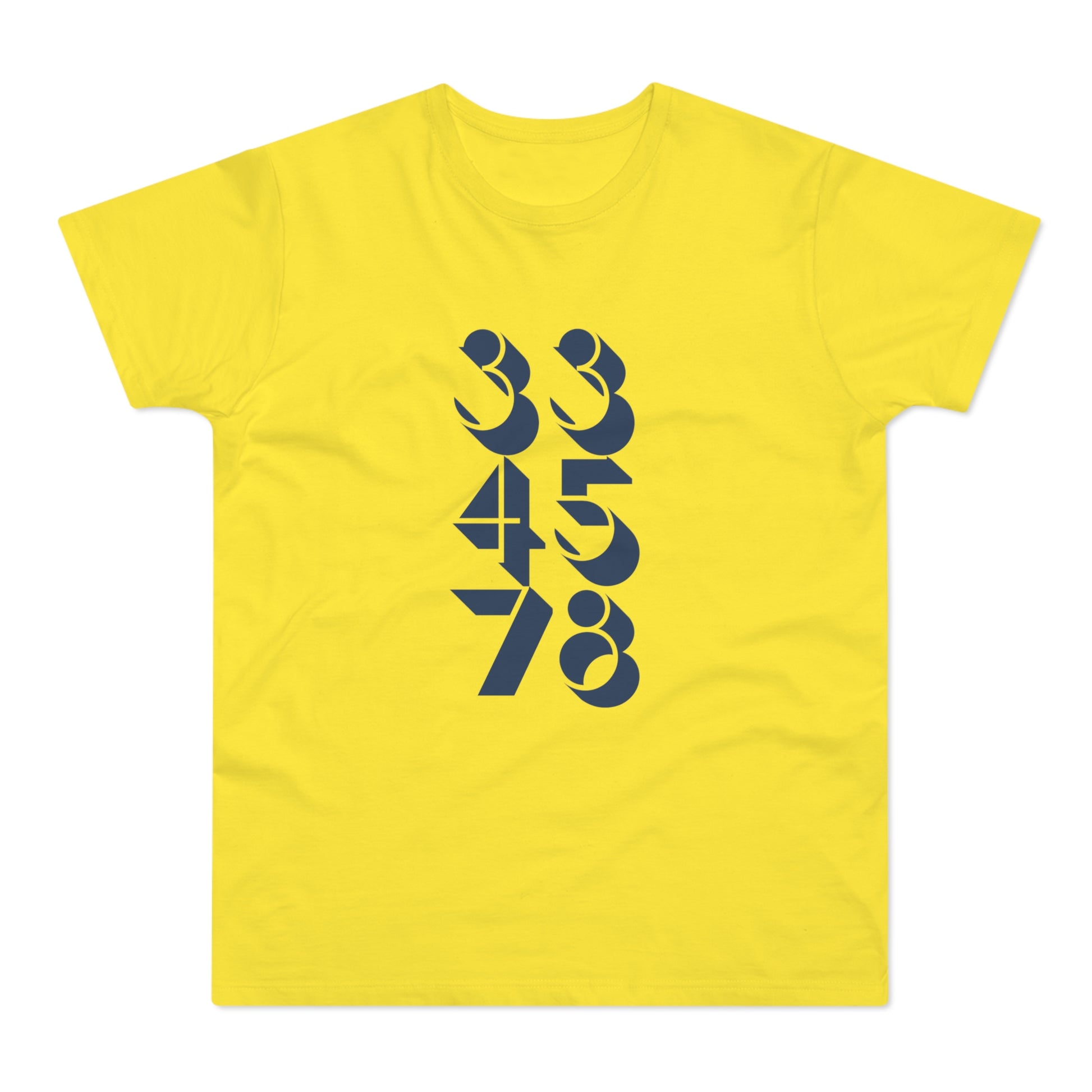 Yellow t-shirt with navy blue abstract numbers 33, 45, and 78 on the front.