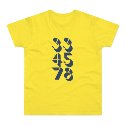 Yellow t-shirt with navy blue abstract numbers 33, 45, and 78 on the front.